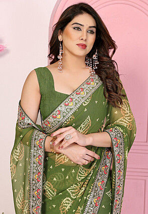 Bandhej Printed Georgette Saree in Olive Green