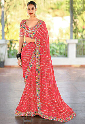 Bandhej Printed Georgette Saree in Peach