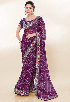 Bandhej Printed Georgette Saree in Purple