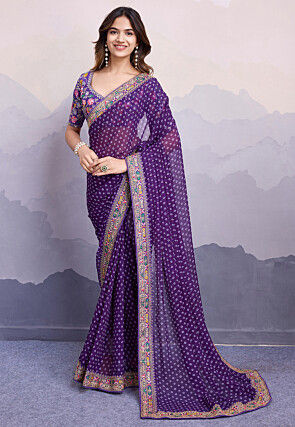 Bandhej Printed Georgette Saree in Purple