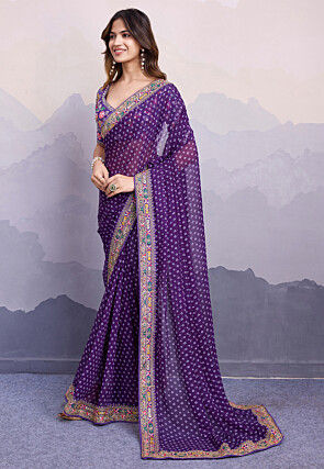 Bandhej Printed Georgette Saree in Purple