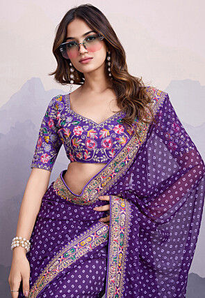 Bandhej Printed Georgette Saree in Purple