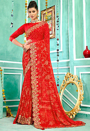Bandhej Printed Georgette Saree in Red