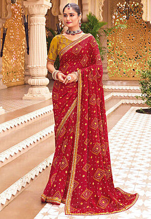 Bandhej Printed Georgette Saree in Red