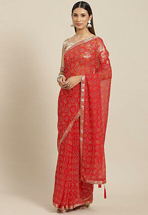 Bandhej Printed Georgette Saree in Red