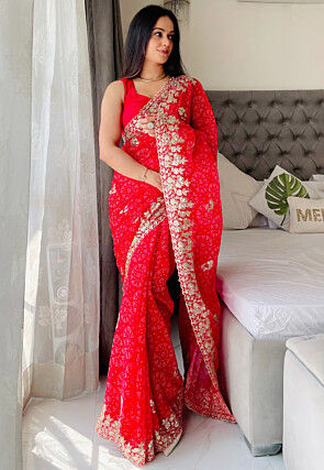 Bandhej Printed Georgette Saree in Red