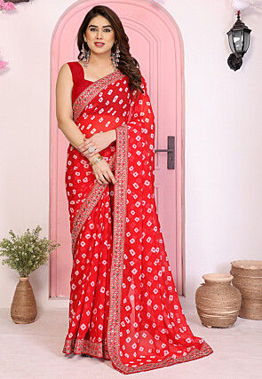 Bandhej Printed Georgette Saree in Red
