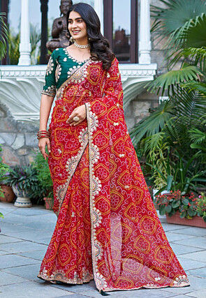 Bandhej Printed Georgette Saree in Red