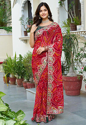 Bandhej Printed Georgette Saree in Red