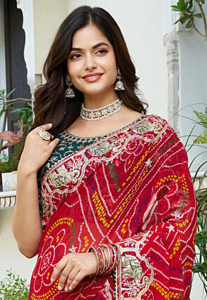 Bandhej Printed Georgette Saree in Red