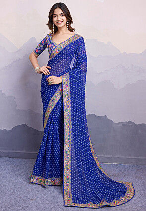 Bandhej Printed Georgette Saree in Royal Blue