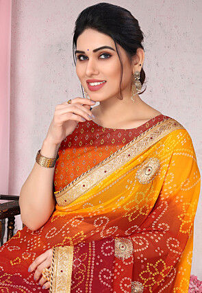 Bandhej Printed Georgette Saree in Shaded Red and Yellow
