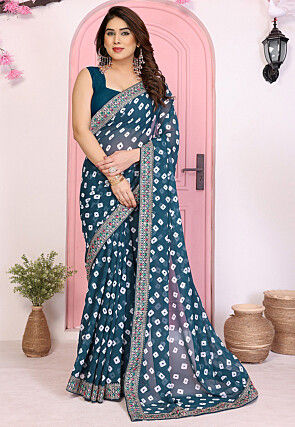 Bandhej Printed Georgette Saree in Teal Blue