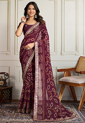 Bandhej Printed Georgette Saree in Wine