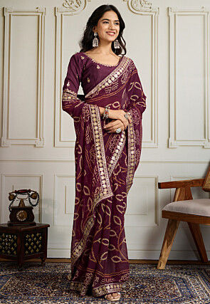 Bandhej Printed Georgette Saree in Wine