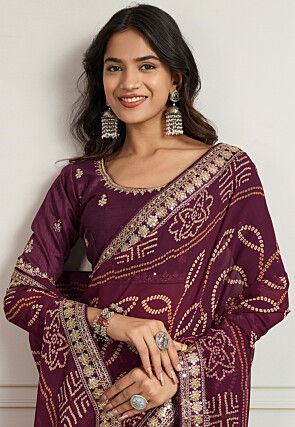 Bandhej Printed Georgette Saree in Wine