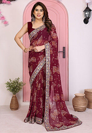 Bandhej Printed Georgette Saree in Wine