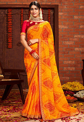 Bandhej Printed Georgette Saree in Yellow and Red