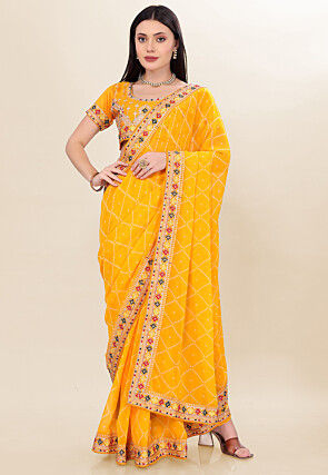 Bandhej Printed Georgette Saree in Yellow
