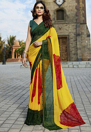 Bandhej Printed Georgette Saree in Yellow