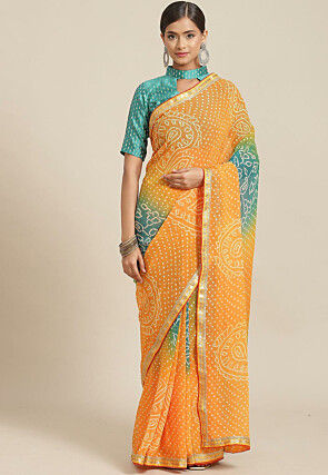 Bandhej Printed Georgette Saree in Yellow