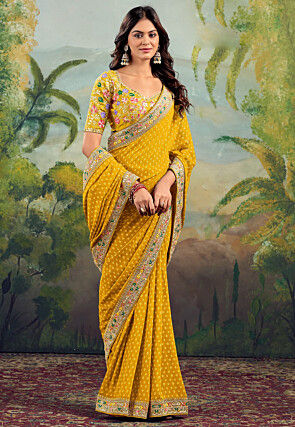 Bandhej Printed Georgette Saree in Yellow