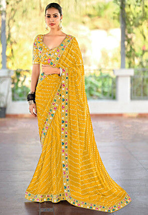 Bandhej Printed Georgette Saree in Yellow