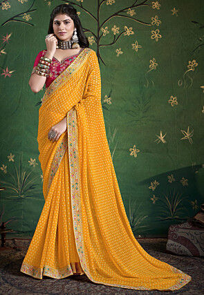 Bandhej Printed Georgette Saree in Yellow