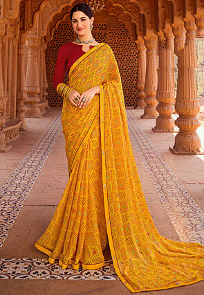 Bandhej Printed Georgette Saree in Yellow
