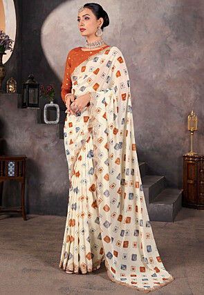 Bandhej Printed Georgette Scalloped Saree in Cream
