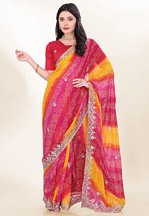 Bandhej Printed Georgette Scalloped Saree in Multicolor