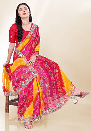 Bandhej Printed Georgette Scalloped Saree in Multicolor