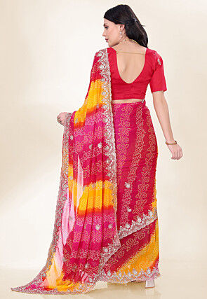Bandhej Printed Georgette Scalloped Saree in Multicolor