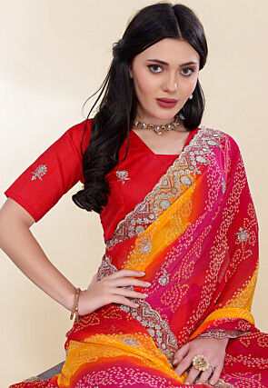 Bandhej Printed Georgette Scalloped Saree in Multicolor