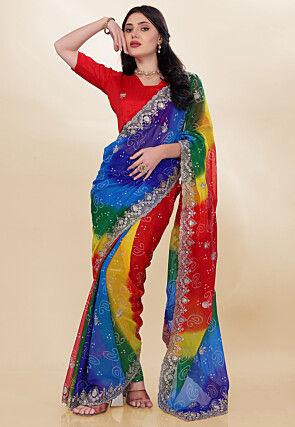 Bandhej Printed Georgette Scalloped Saree in Multicolor