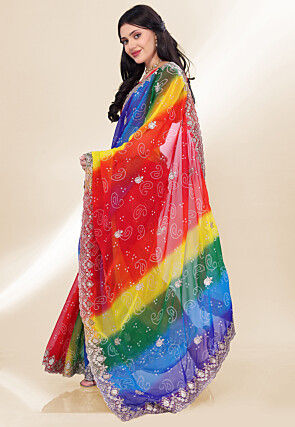 Bandhej Printed Georgette Scalloped Saree in Multicolor