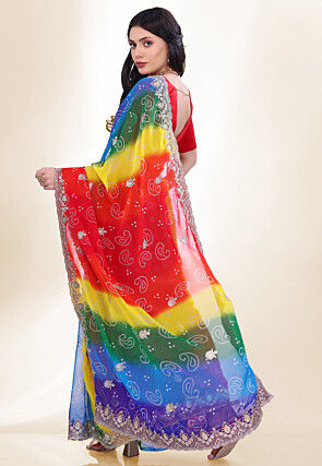 Bandhej Printed Georgette Scalloped Saree in Multicolor