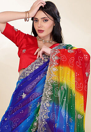Bandhej Printed Georgette Scalloped Saree in Multicolor