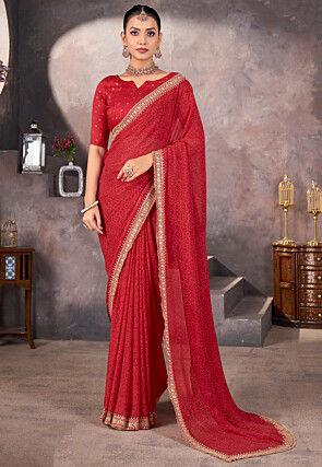 Bandhej Printed Georgette Scalloped Saree in Red