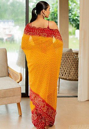 Bandhej Printed Georgette Scalloped Saree in Yellow