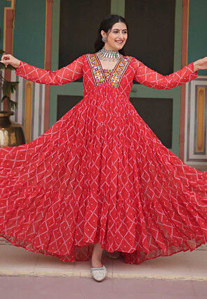 Bandhej Printed Georgette Tiered Gown in Red