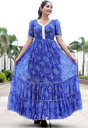 Bandhej Printed Georgette Tiered Gown in Royal Blue
