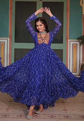 Bandhej Printed Georgette Tiered Gown in Royal Blue