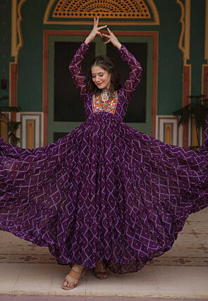 Bandhej Printed Georgette Tiered Gown in Violet
