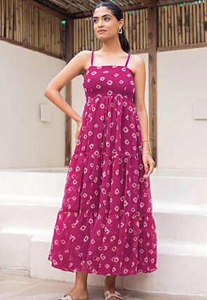 Bandhej Printed Georgette Tiered Maxi Dress in Purple