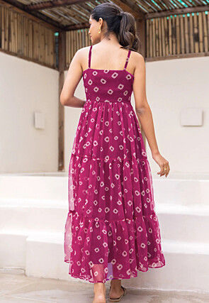 Bandhej Printed Georgette Tiered Maxi Dress in Purple