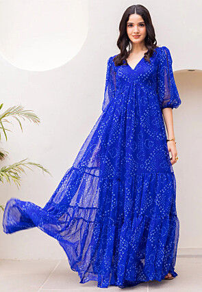 Bandhej Printed Georgette Tiered Maxi Dress in Royal Blue