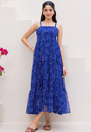 Bandhej Printed Georgette Tiered Maxi Dress in Royal Blue