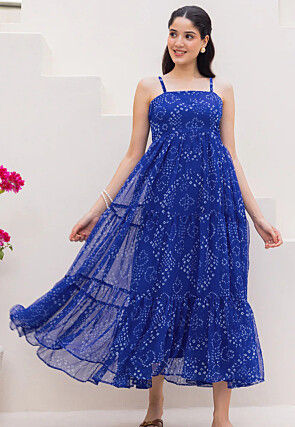 Bandhej Printed Georgette Tiered Maxi Dress in Royal Blue