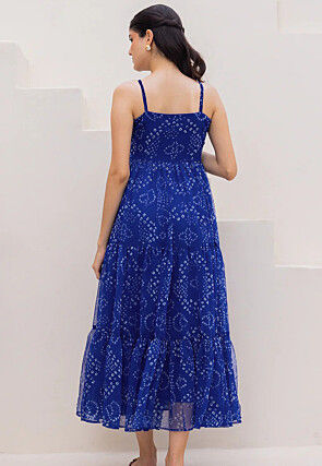 Bandhej Printed Georgette Tiered Maxi Dress in Royal Blue